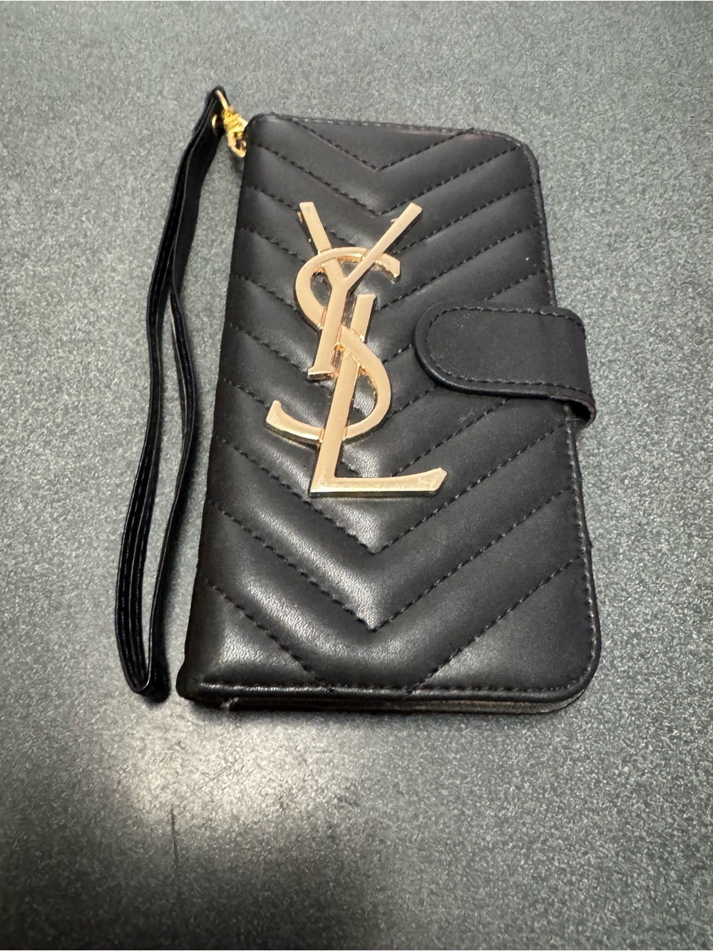 Yves Saint Laurent Black Quilted Wristlet Phone Wallet with Gold YSL Emblem
